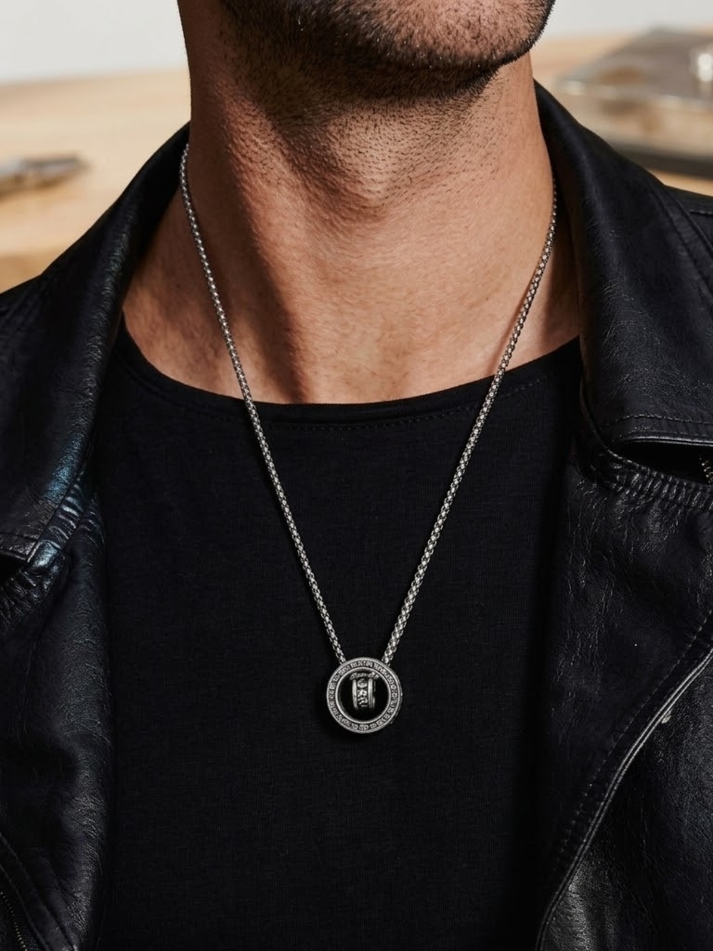Men's Stainless Steel Tibetan Script Double-Ring Pendant Necklace - Gift